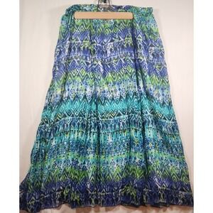 Tanjay Petites Blue Green Ikat Print Crinkle Maxi Skirt 14P Boho Tiered Lined